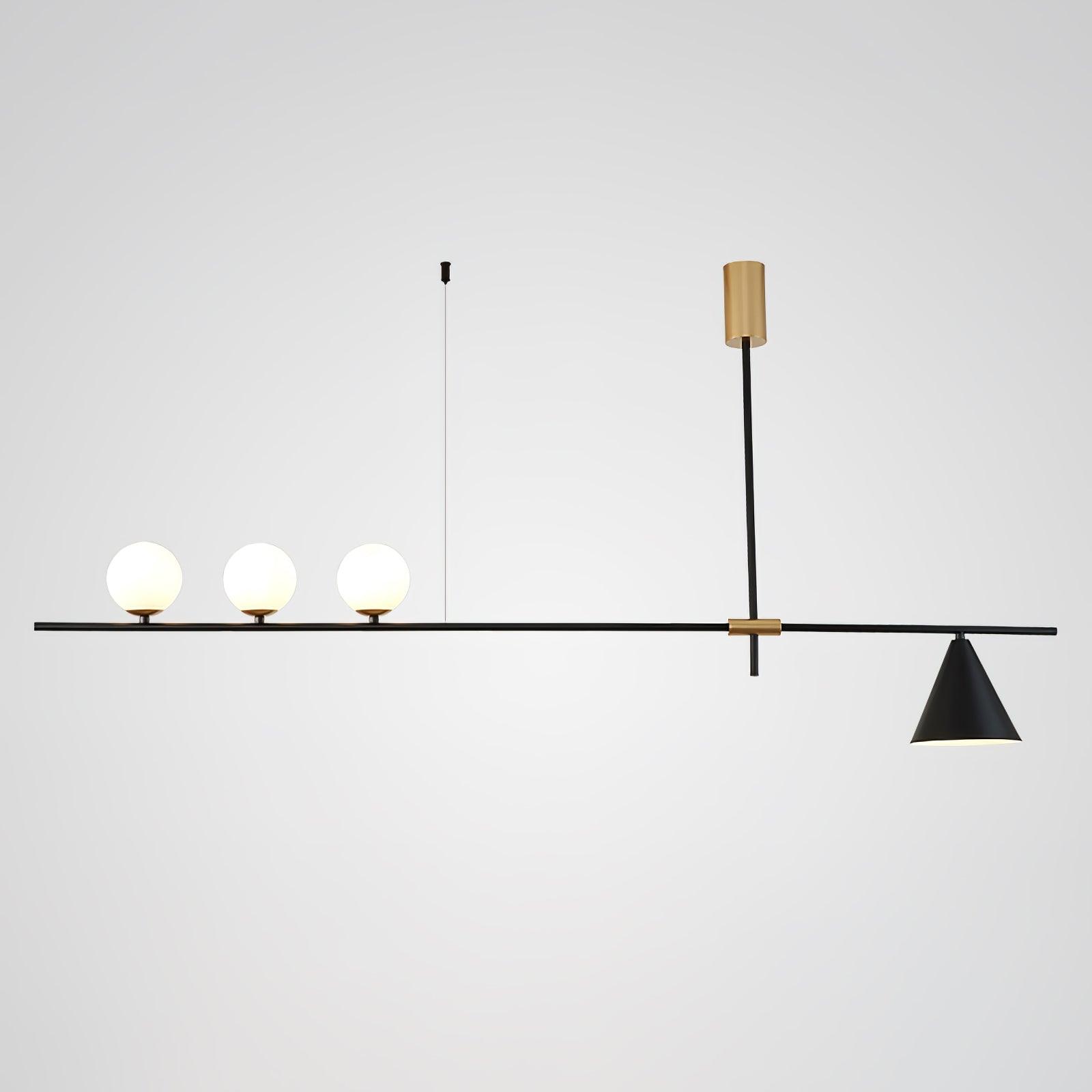 Modern Linear Pendant Chandelier with Opal Glass Globes and Architectural Metallic Design