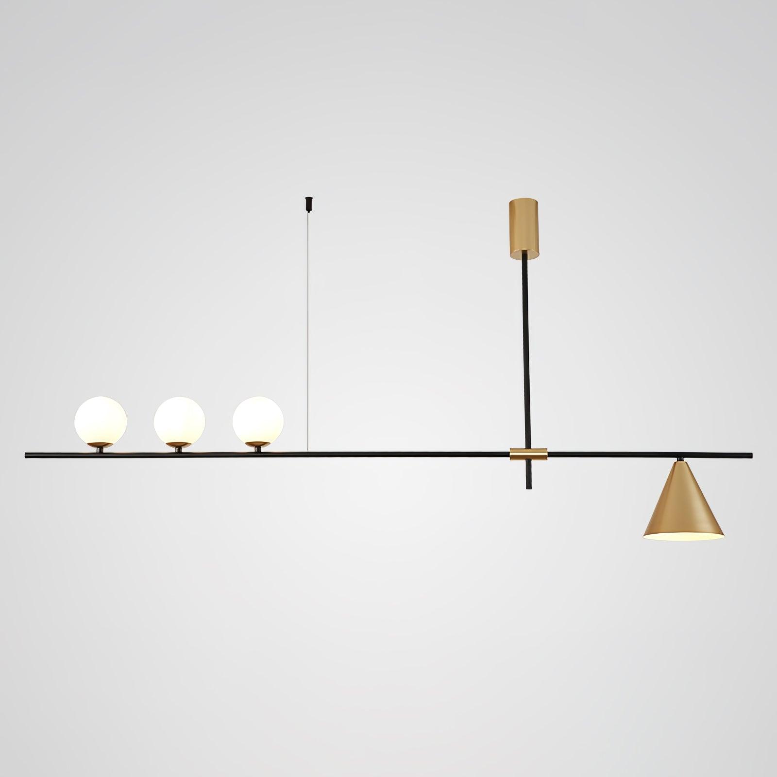 Modern Linear Pendant Chandelier with Opal Glass Globes and Architectural Metallic Design