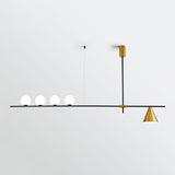 Modern Linear Pendant Chandelier with Opal Glass Globes and Architectural Metallic Design