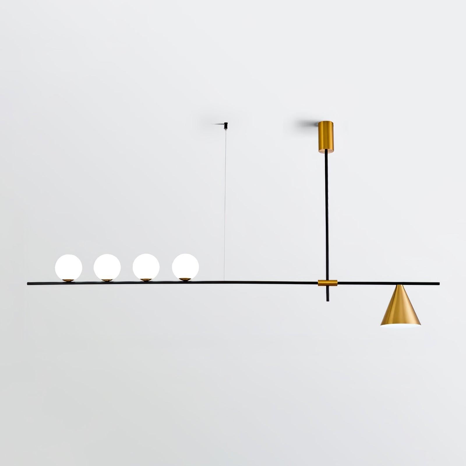 Modern Linear Pendant Chandelier with Opal Glass Globes and Architectural Metallic Design