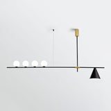 Modern Linear Pendant Chandelier with Opal Glass Globes and Architectural Metallic Design