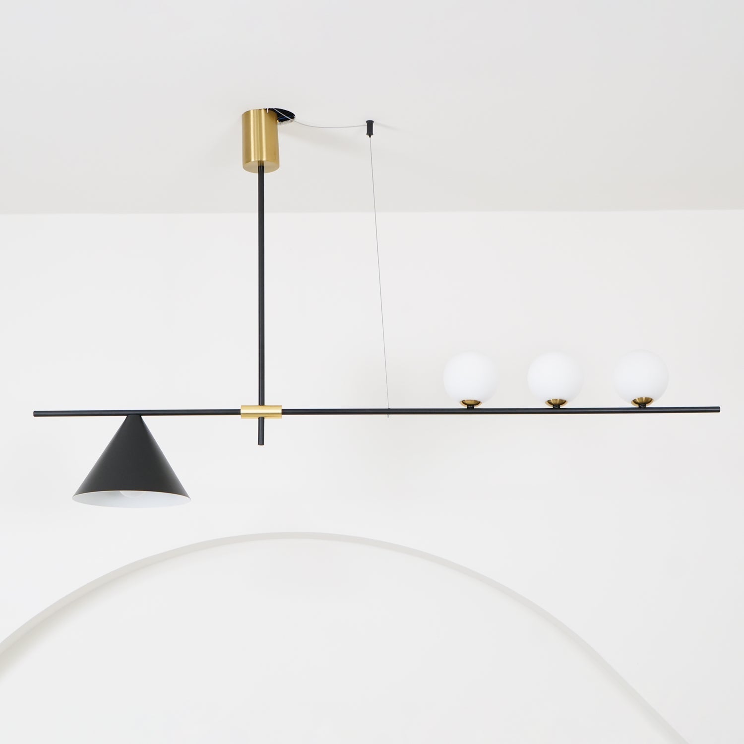 Modern Linear Pendant Chandelier with Opal Glass Globes and Architectural Metallic Design