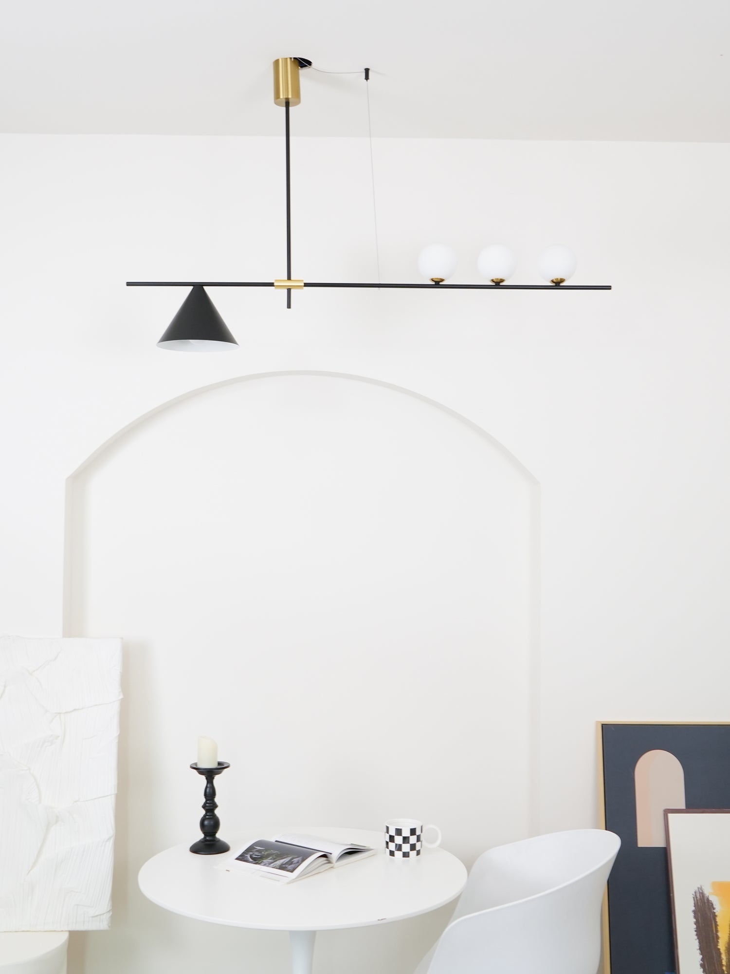 Modern Linear Pendant Chandelier with Opal Glass Globes and Architectural Metallic Design