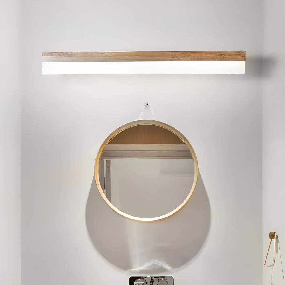 Modern Linear Solid Wood LED Bathroom Vanity Light with Diffused Plastic Shade Wall Mirror Sconce