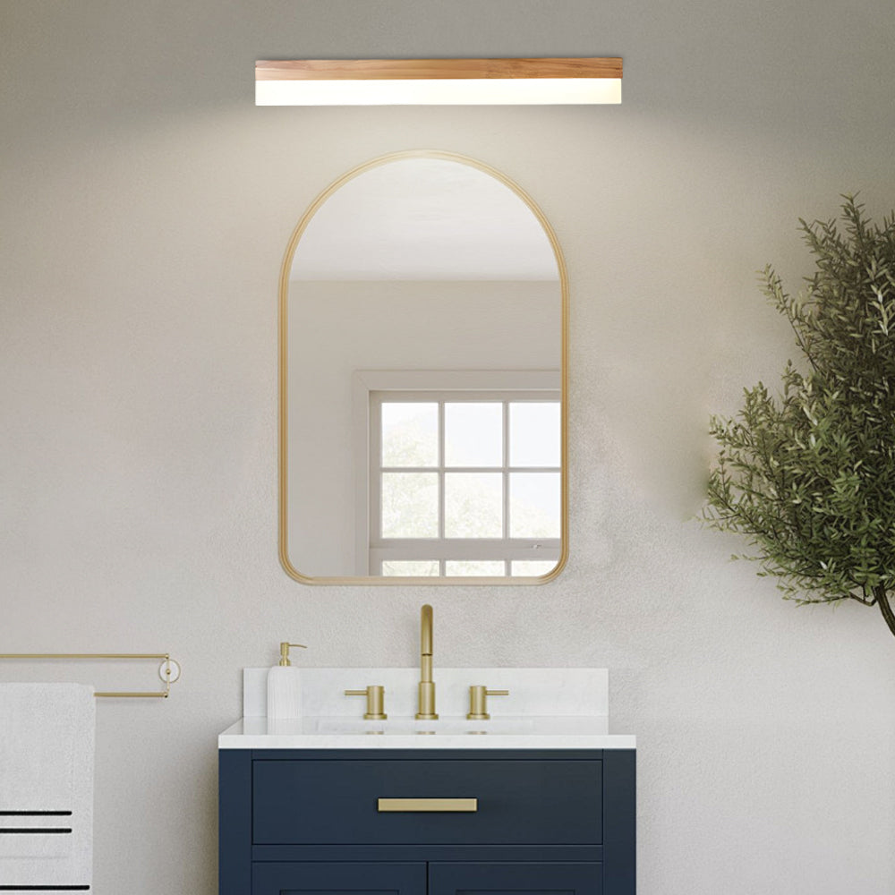 Modern Linear Solid Wood LED Bathroom Vanity Light with Diffused Plastic Shade Wall Mirror Sconce