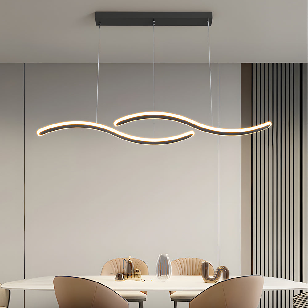 Modern Linear Wavy LED Island Chandelier for Dining Room and Bar with 3 Step Color Dimming