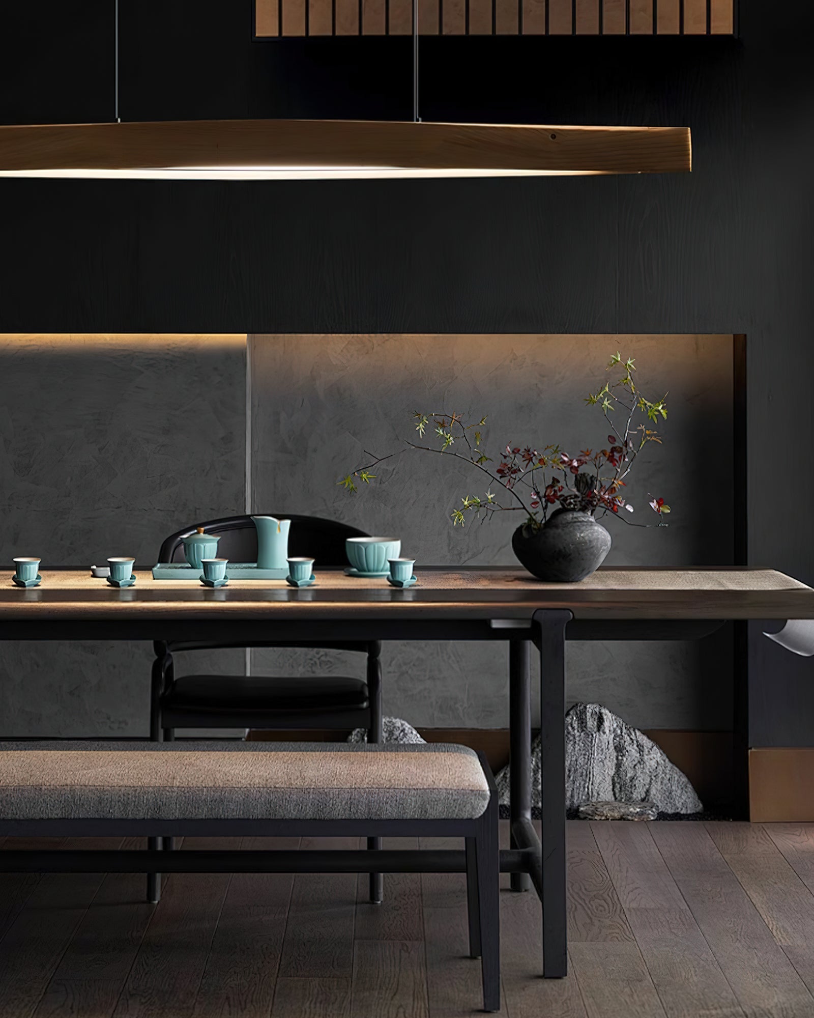 Modern Linear Wood LED Pendant Light for Dining Room Kitchen Island Office