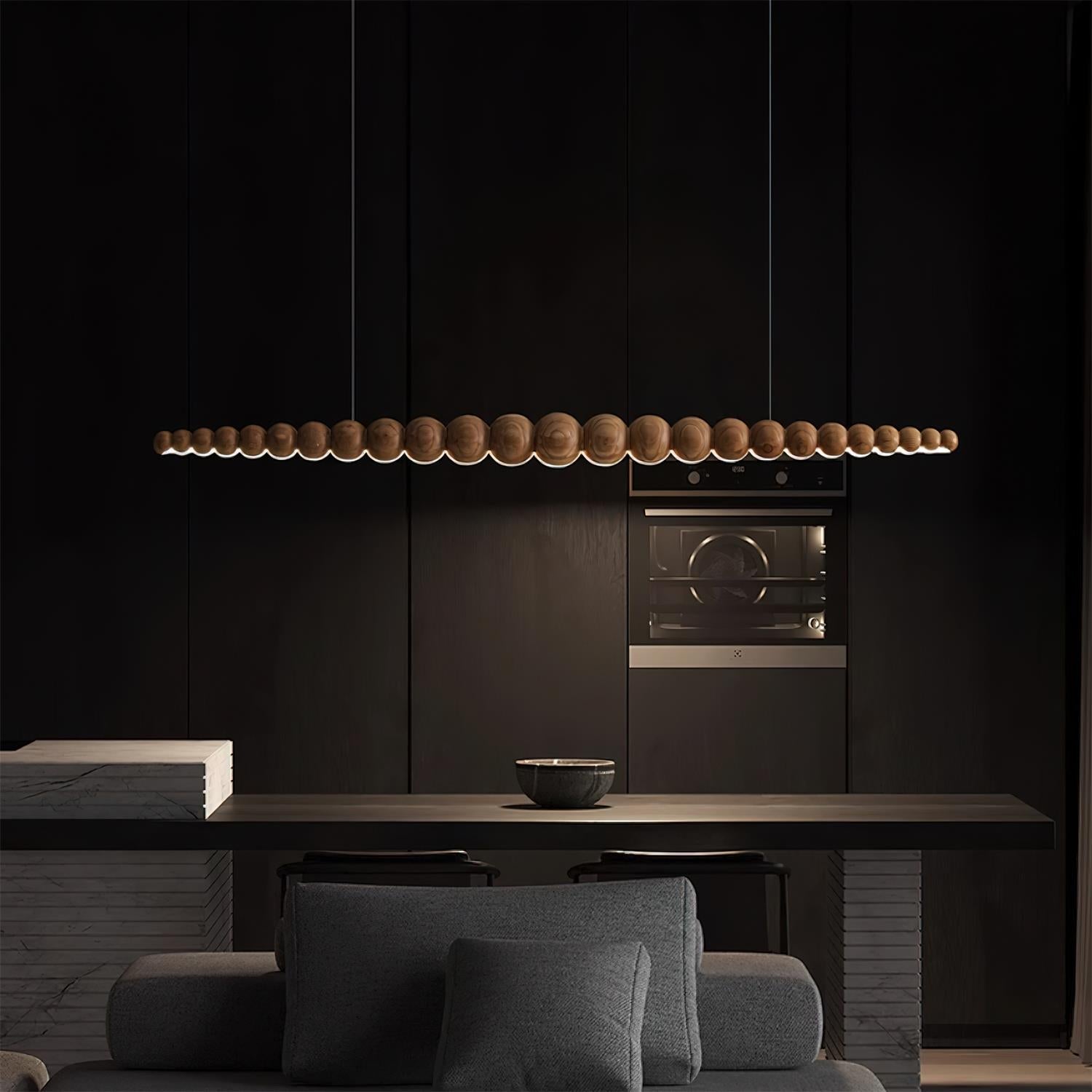 Modern Linear Wooden Sphere Pendant Light Minimalist Orb LED Hanging Chandelier