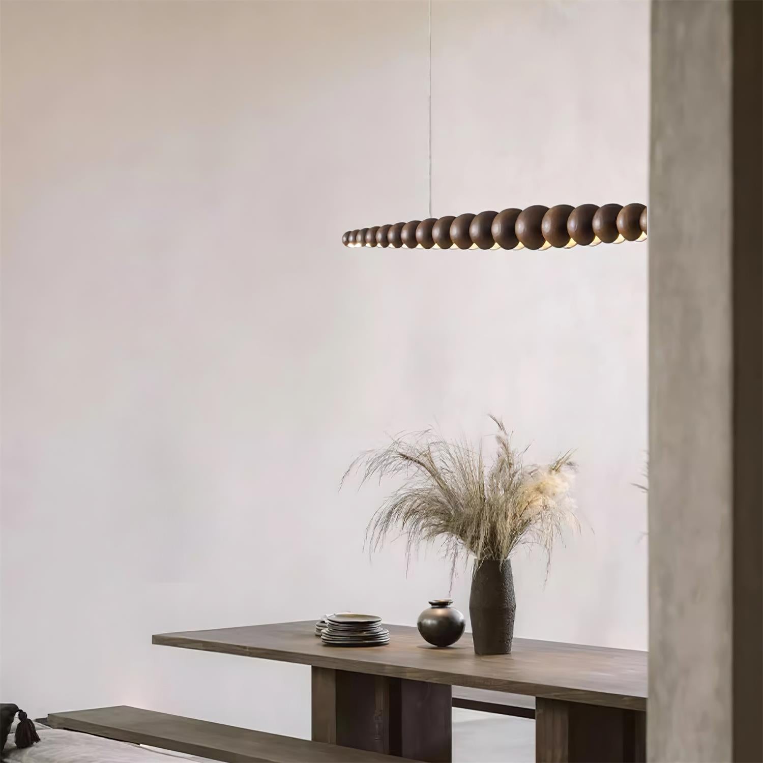Modern Linear Wooden Sphere Pendant Light Minimalist Orb LED Hanging Chandelier