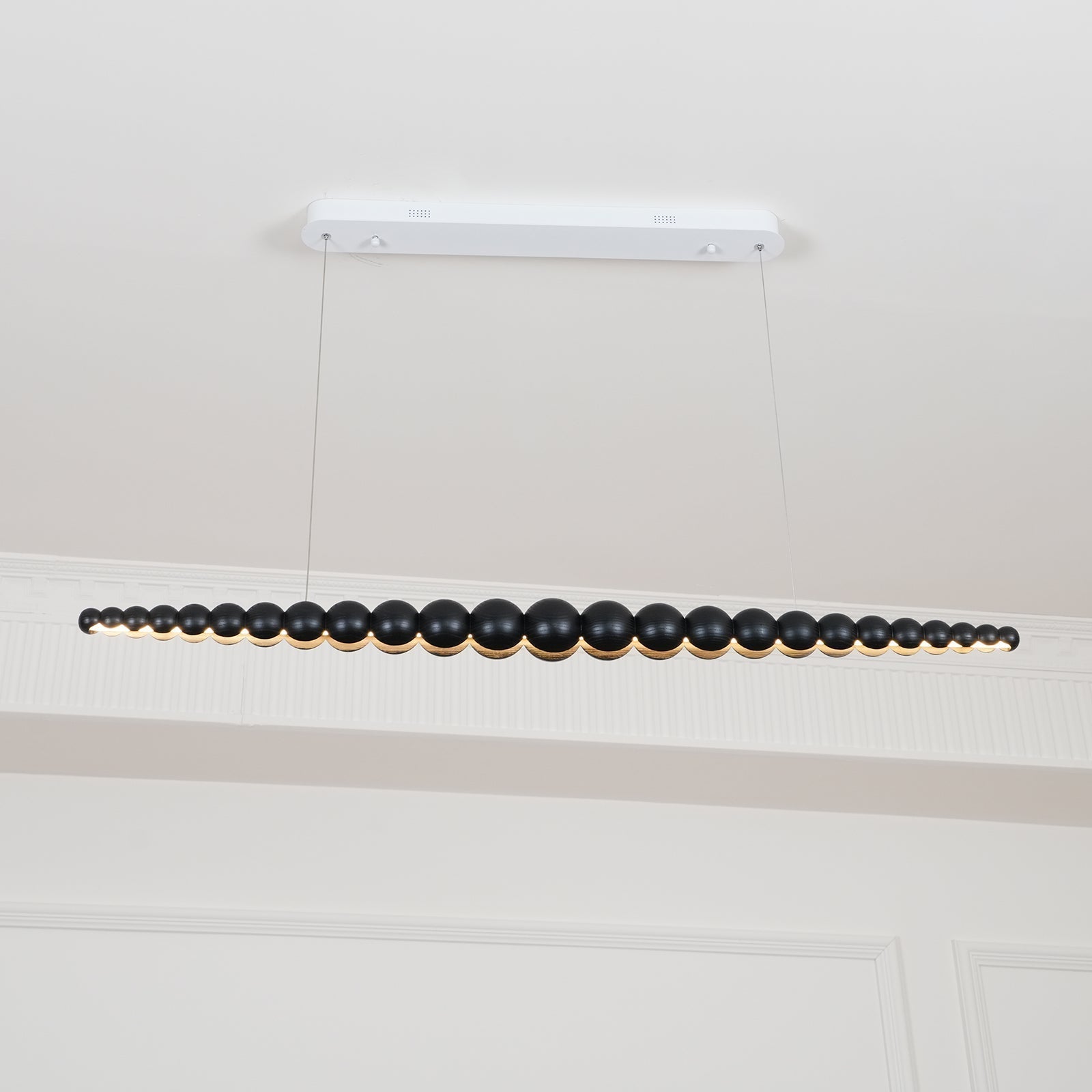 Modern Linear Wooden Sphere Pendant Light Minimalist Orb LED Hanging Chandelier