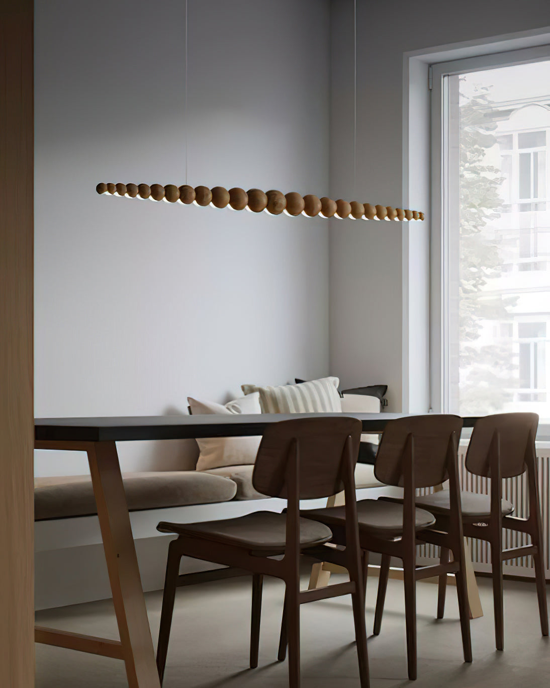 Modern Linear Wooden Sphere Pendant Light Minimalist Orb LED Hanging Chandelier