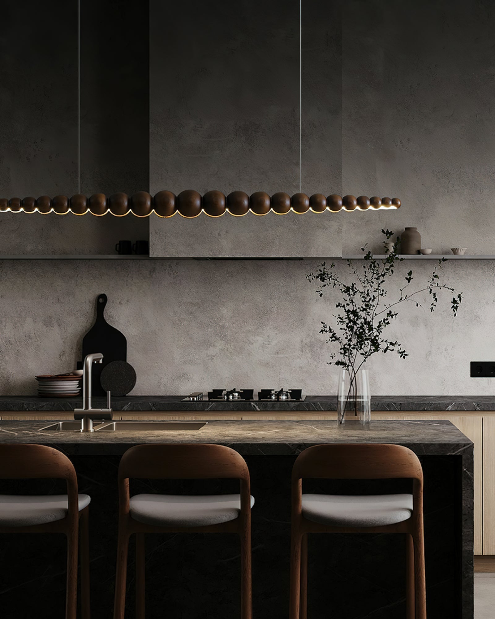 Modern Linear Wooden Sphere Pendant Light Minimalist Orb LED Hanging Chandelier