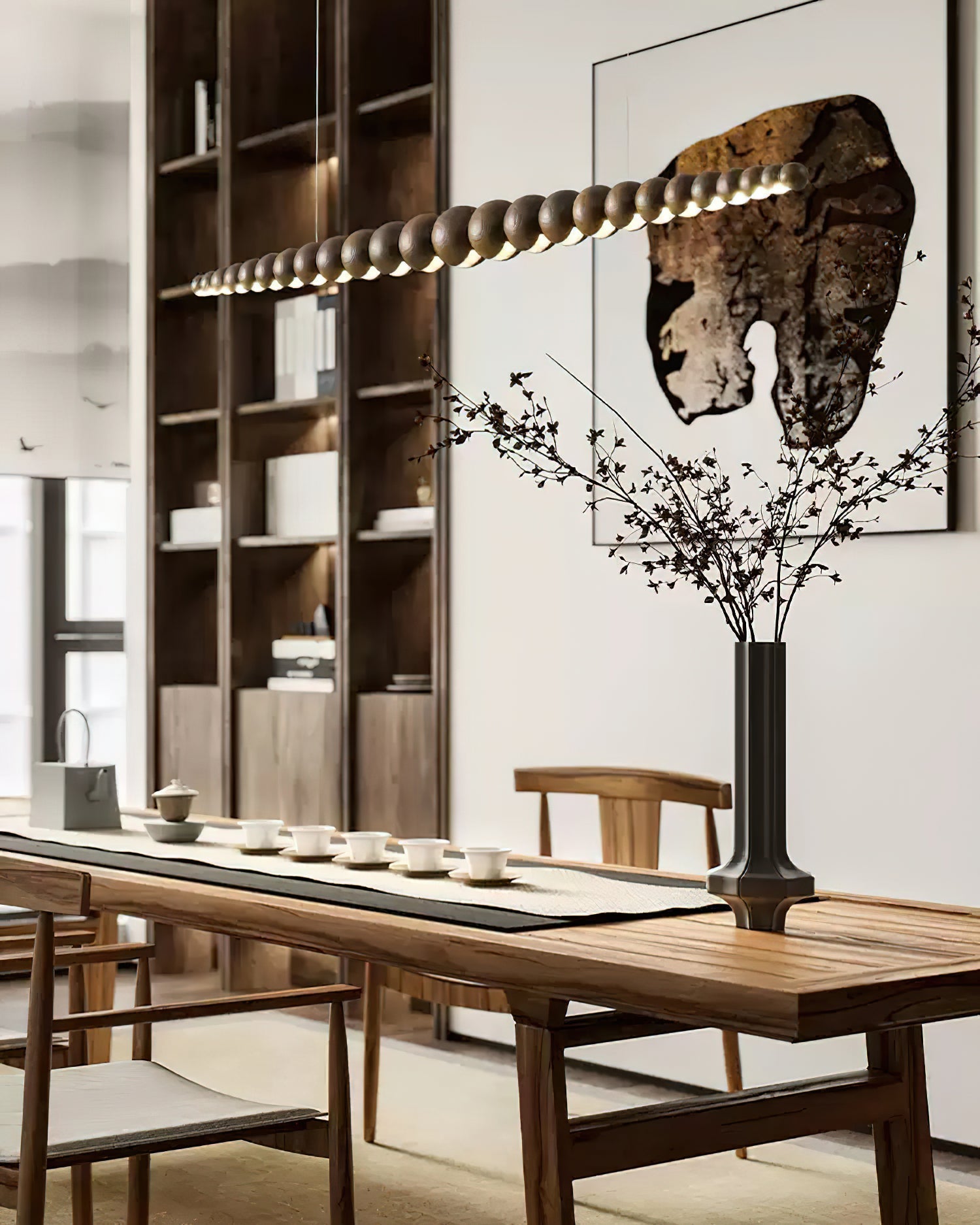 Modern Linear Wooden Sphere Pendant Light Minimalist Orb LED Hanging Chandelier