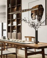 Modern Linear Wooden Sphere Pendant Light Minimalist Orb LED Hanging Chandelier