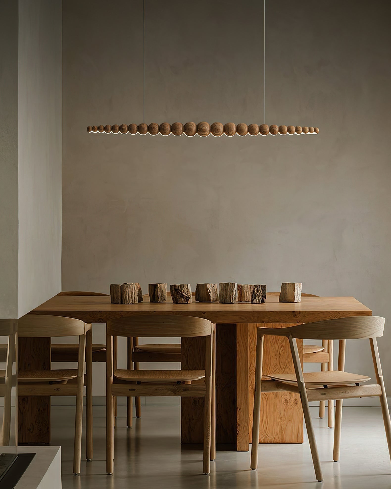 Modern Linear Wooden Sphere Pendant Light Minimalist Orb LED Hanging Chandelier