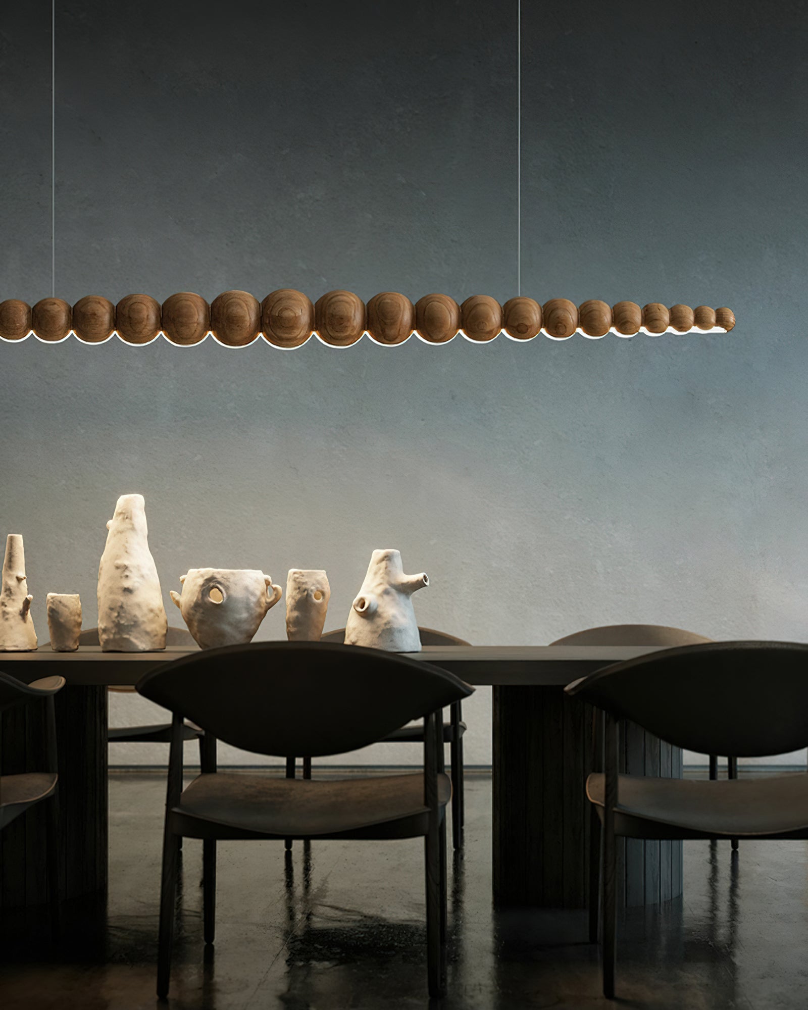 Modern Linear Wooden Sphere Pendant Light Minimalist Orb LED Hanging Chandelier