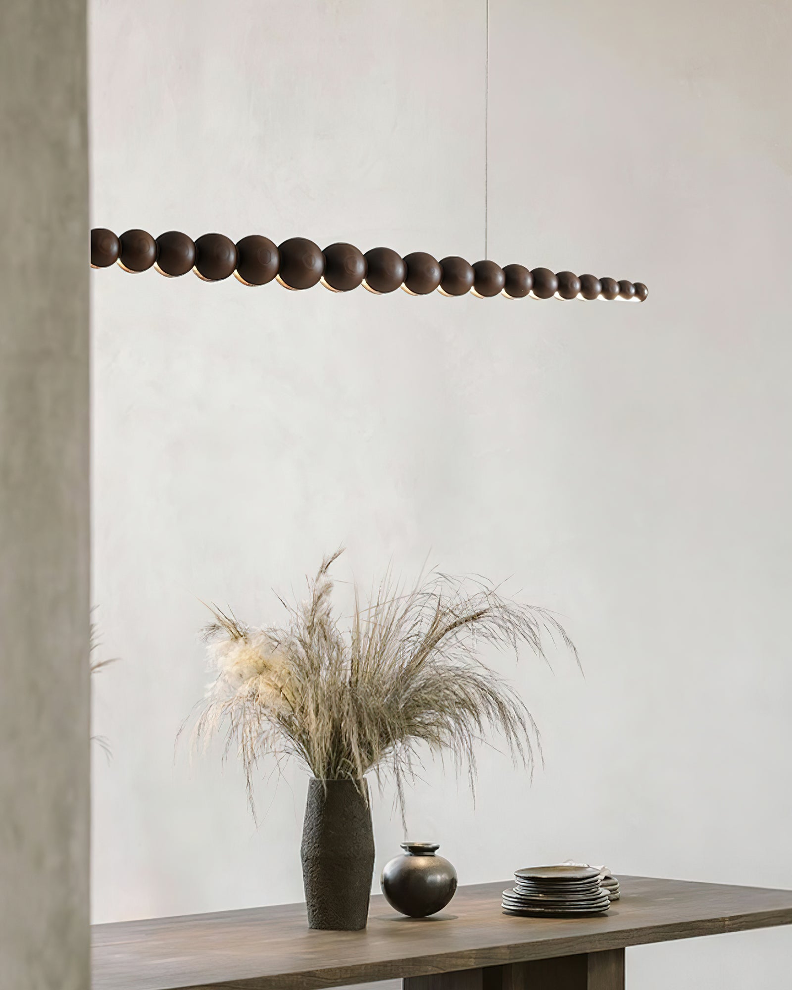 Modern Linear Wooden Sphere Pendant Light Minimalist Orb LED Hanging Chandelier