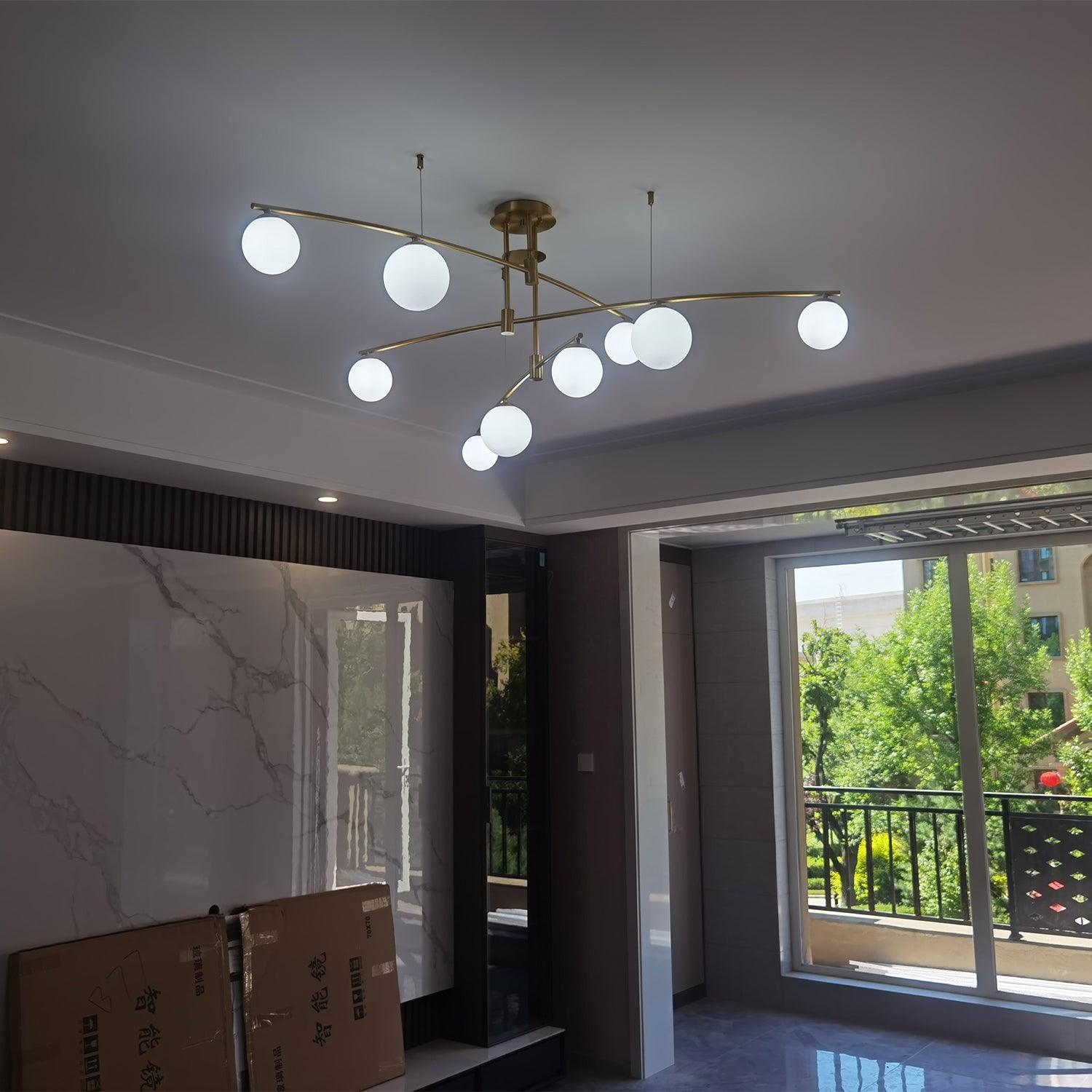 Modern Long Arm Linear Chandelier Glass Globe Ceiling Light Fixture for Living Room