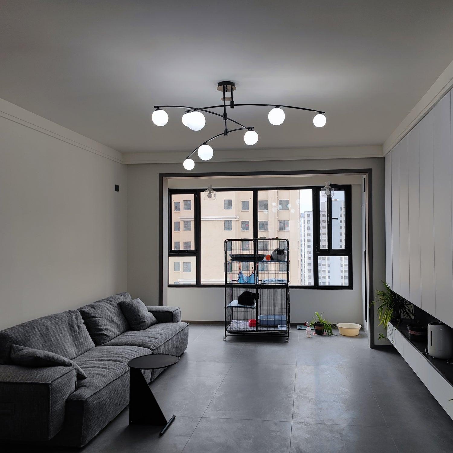Modern Long Arm Linear Chandelier Glass Globe Ceiling Light Fixture for Living Room