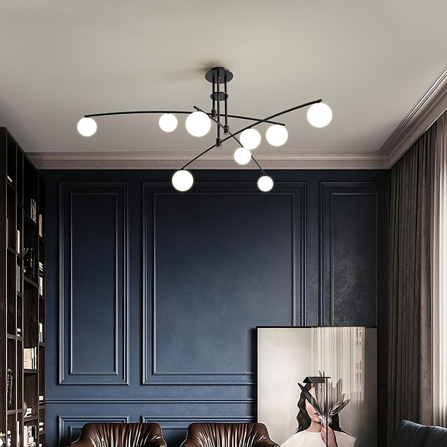 Modern Long Arm Linear Chandelier Glass Globe Ceiling Light Fixture for Living Room