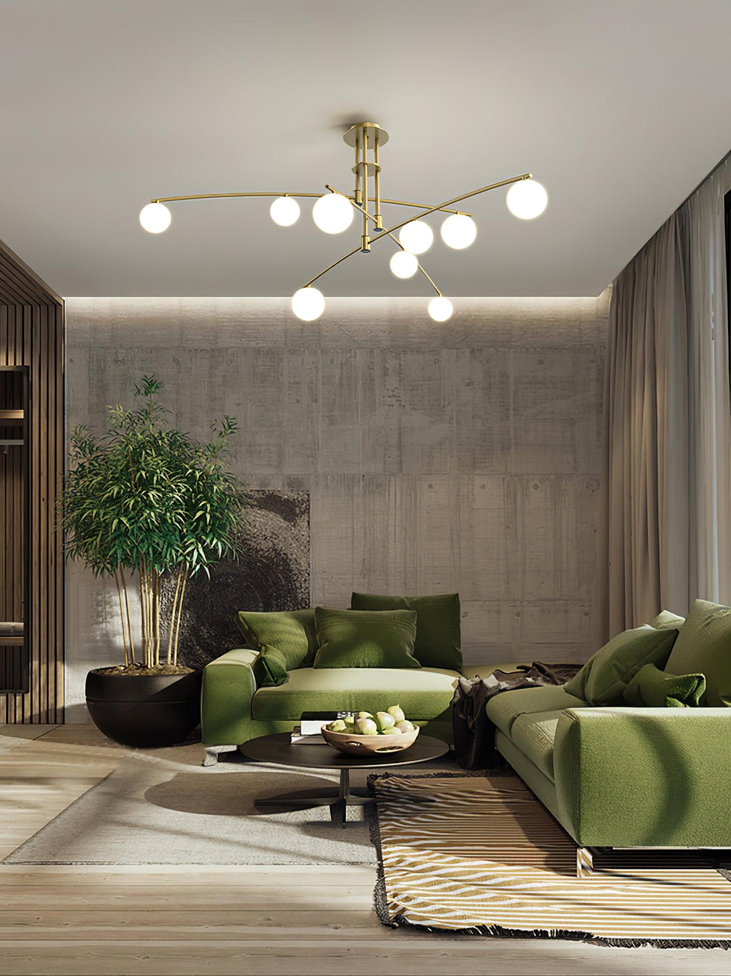Modern Long Arm Linear Chandelier Glass Globe Ceiling Light Fixture for Living Room