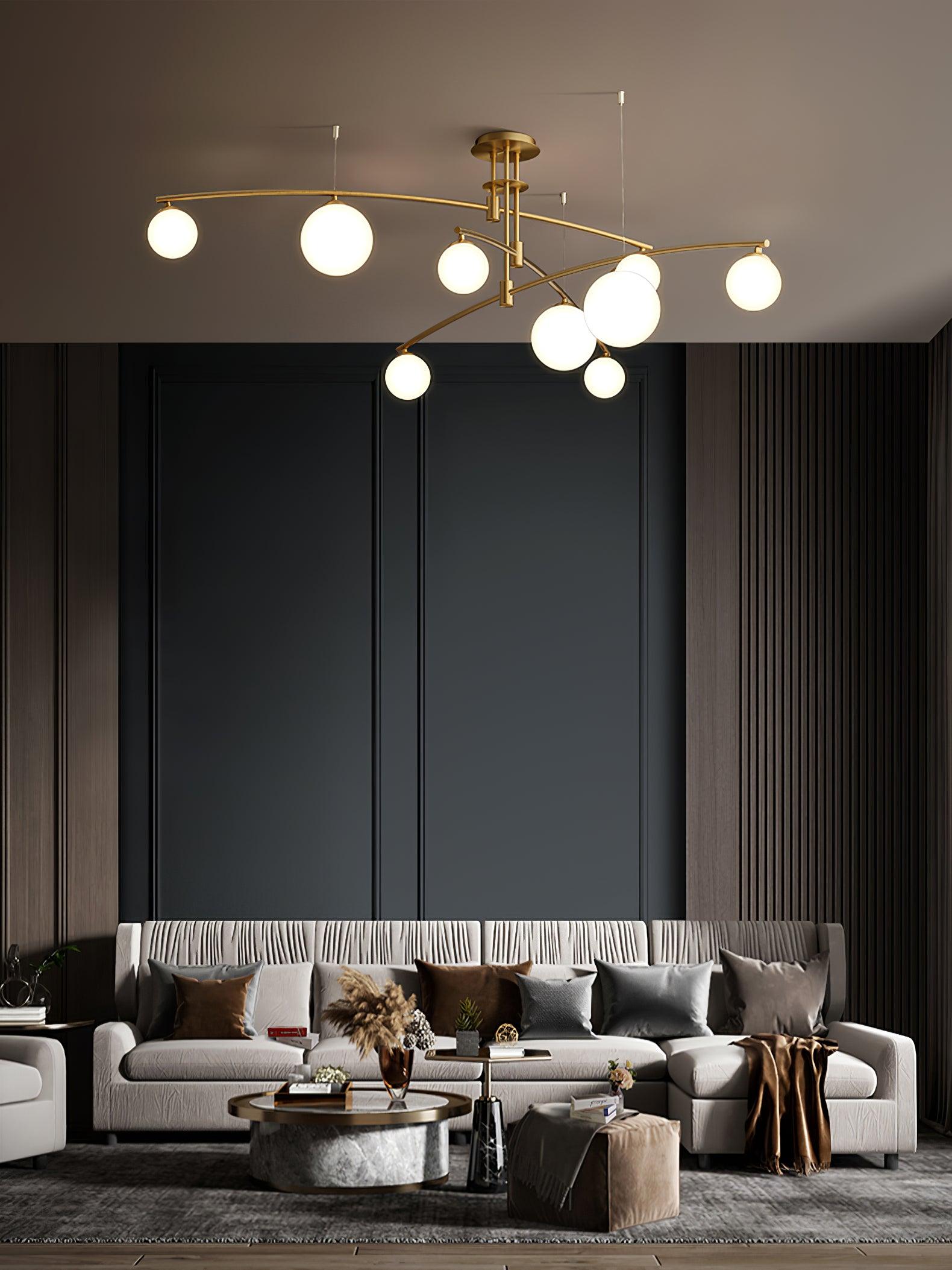 Modern Long Arm Linear Chandelier Glass Globe Ceiling Light Fixture for Living Room