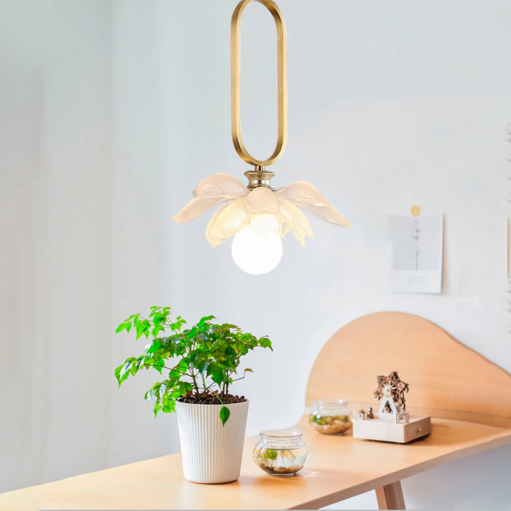 Modern Lotus Flower LED Pendant Light Resin Bloom Oval Ring Hanging Ceiling Lamp
