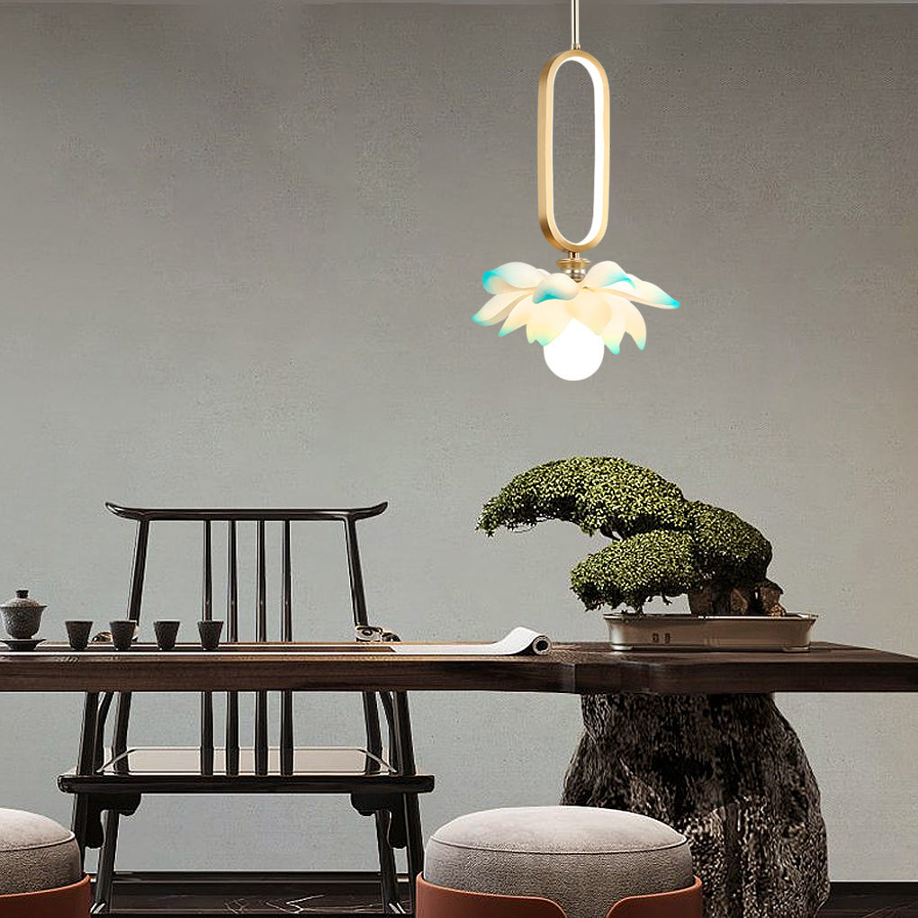 Modern Lotus Flower LED Pendant Light Resin Bloom Oval Ring Hanging Ceiling Lamp
