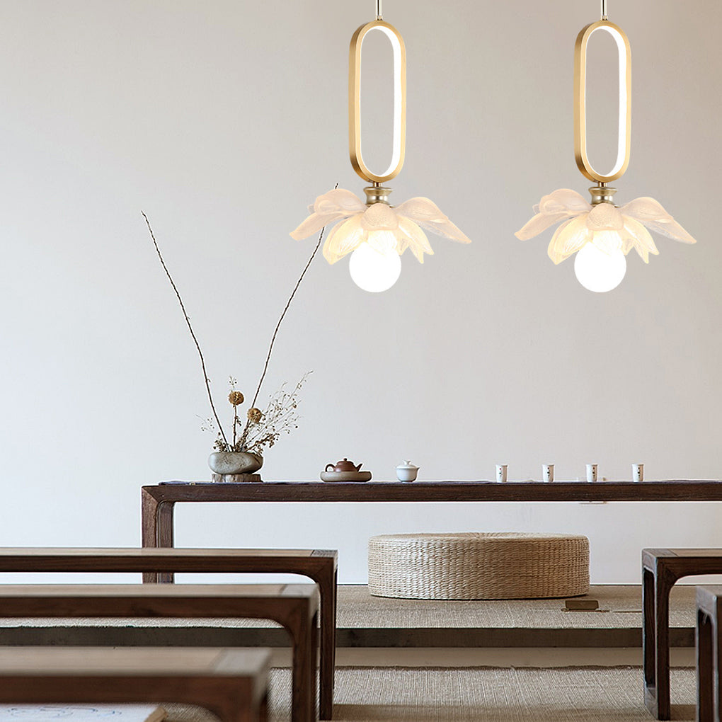 Modern Lotus Flower LED Pendant Light Resin Bloom Oval Ring Hanging Ceiling Lamp