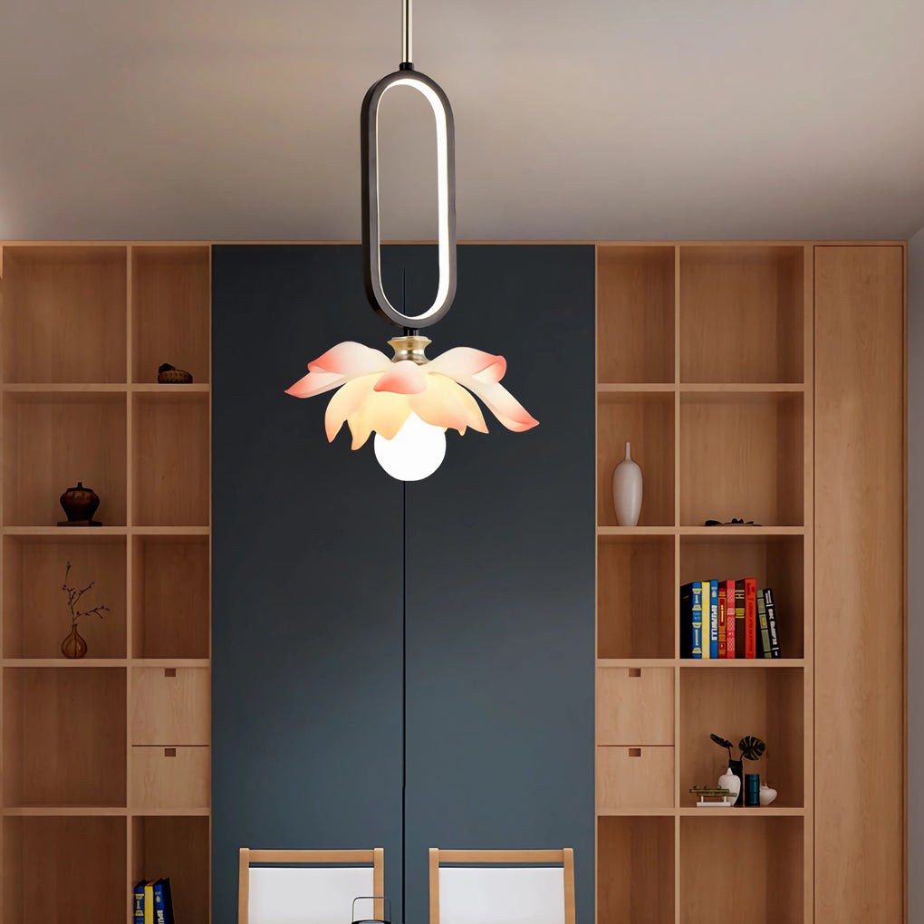 Modern Lotus Flower LED Pendant Light Resin Bloom Oval Ring Hanging Ceiling Lamp