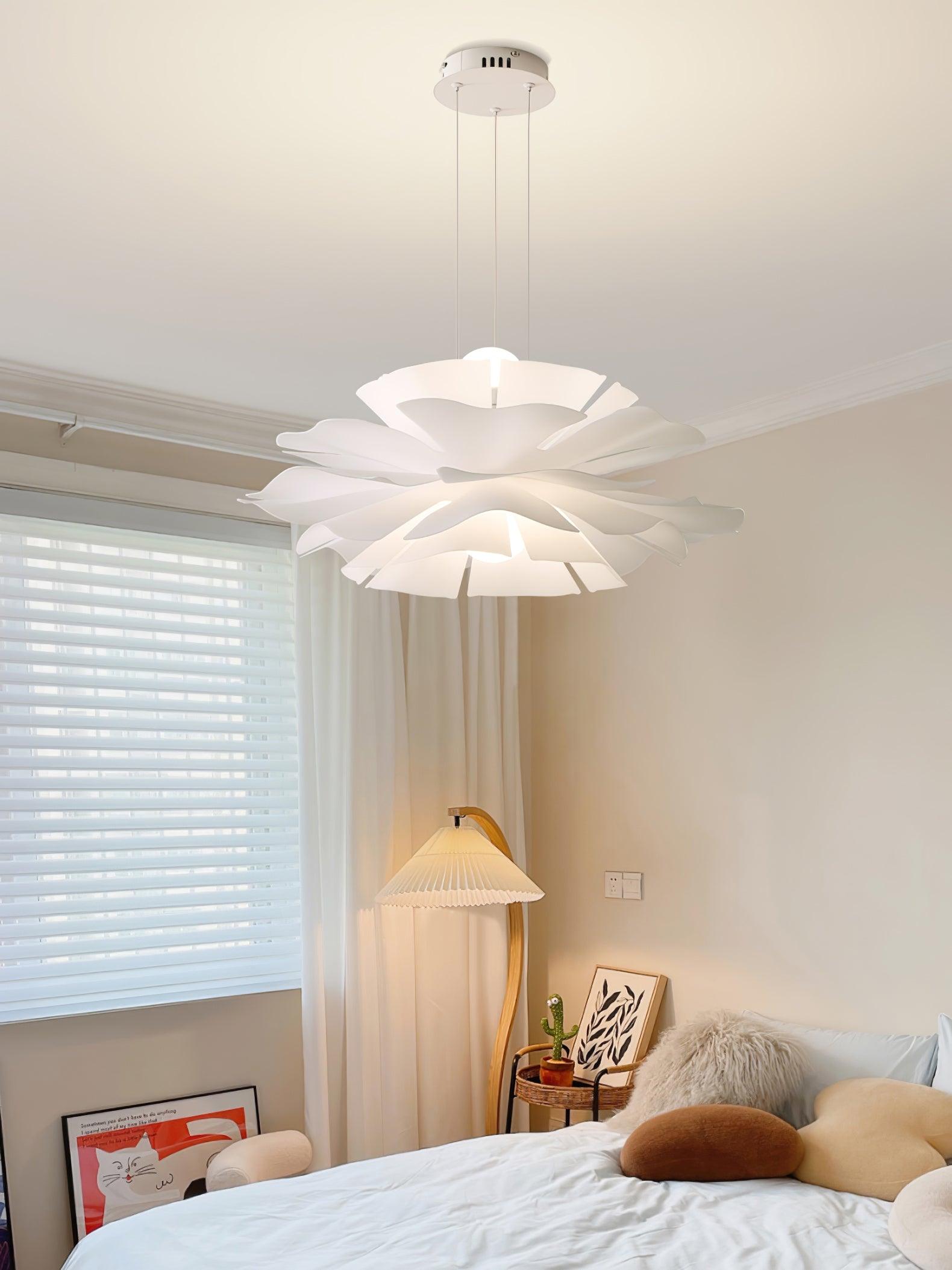 Modern Lotus Flower Pendant Light Fixture White Acrylic Petal Hanging Ceiling Lamp