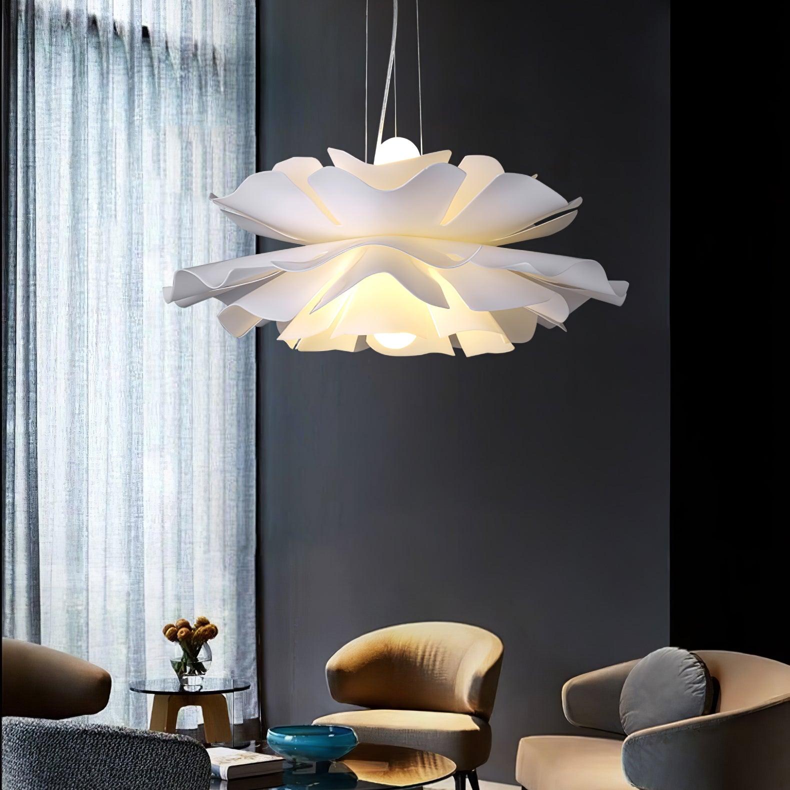Modern Lotus Flower Pendant Light Fixture White Acrylic Petal Hanging Ceiling Lamp