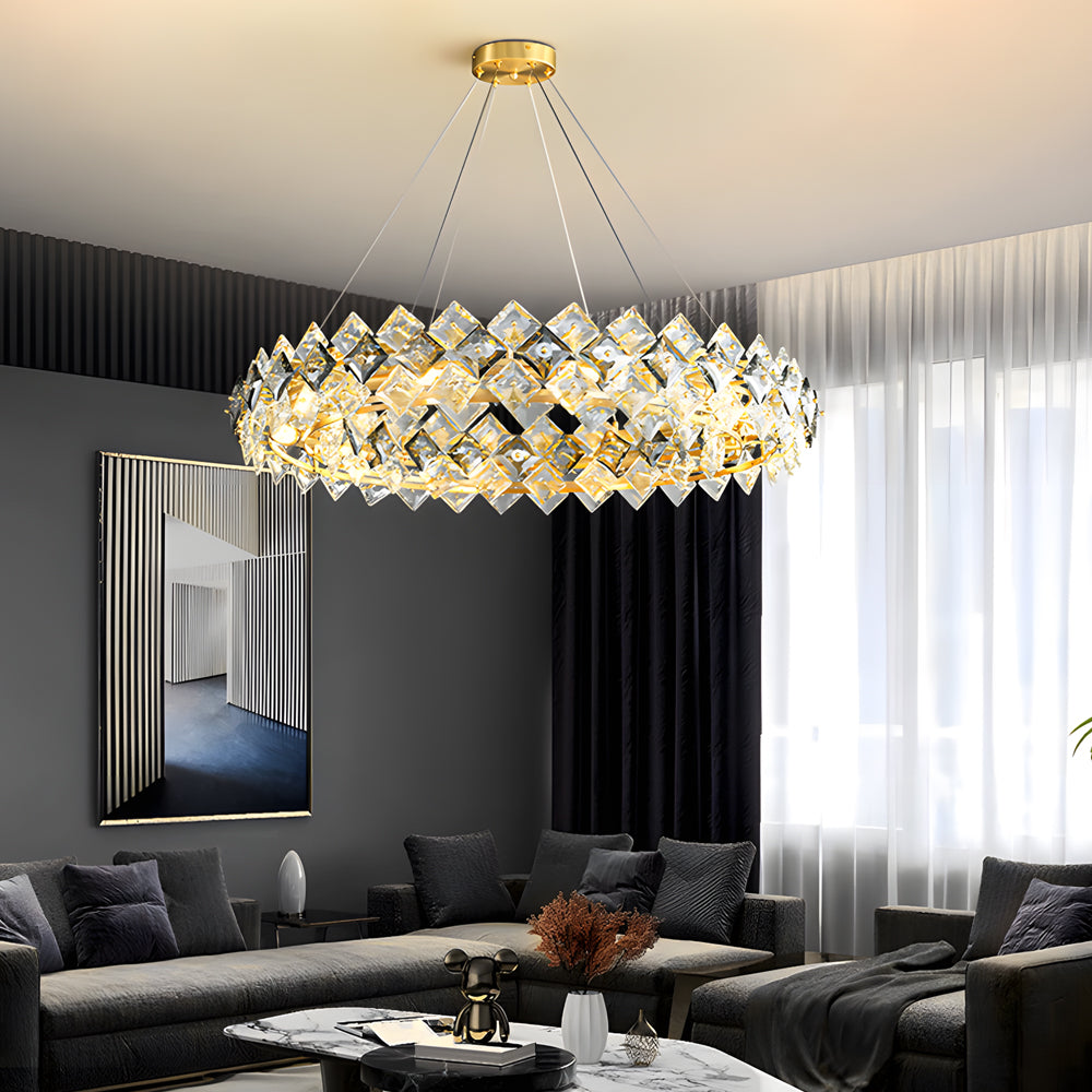 Modern Luxury Gold Copper Crystal Chandelier Elegant Round and Linear Pendant Light