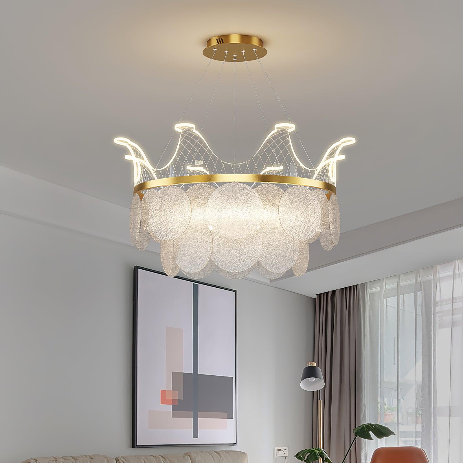 Modern Luxury Gold Crown Candelabrum Chandelier with Shell Glass and Integrated LED