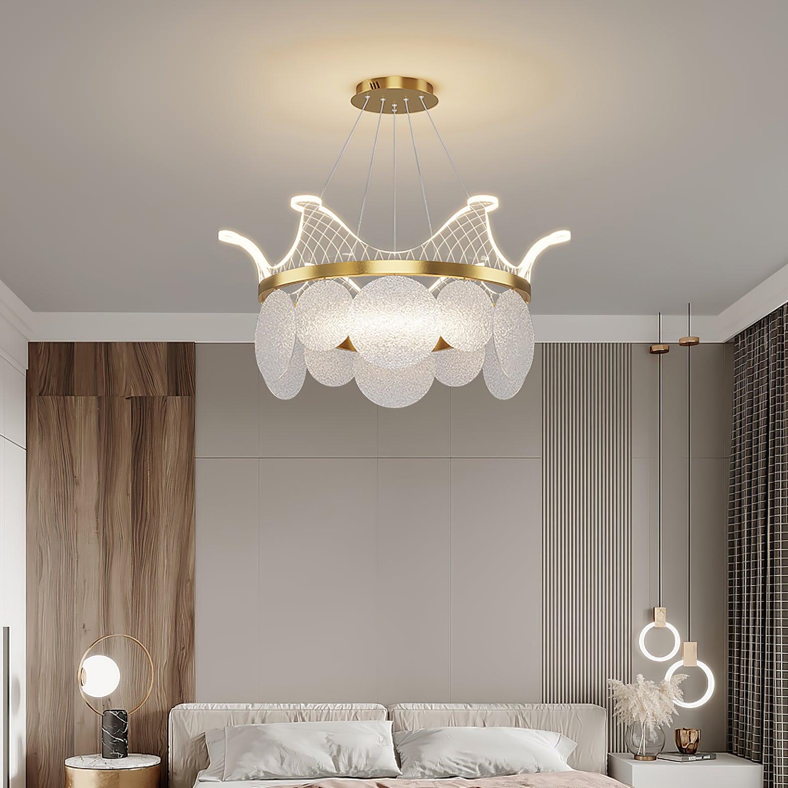 Modern Luxury Gold Crown Candelabrum Chandelier with Shell Glass and Integrated LED