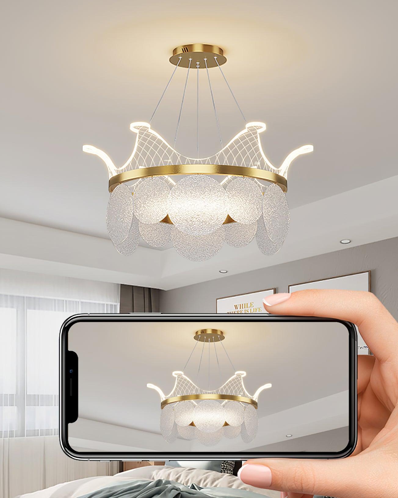 Modern Luxury Gold Crown Candelabrum Chandelier with Shell Glass and Integrated LED