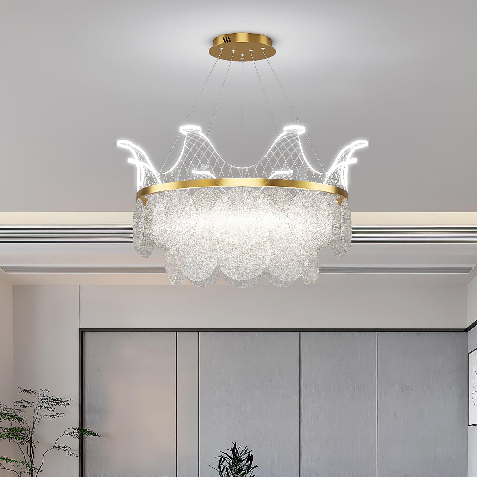 Modern Luxury Gold Crown Candelabrum Chandelier with Shell Glass and Integrated LED