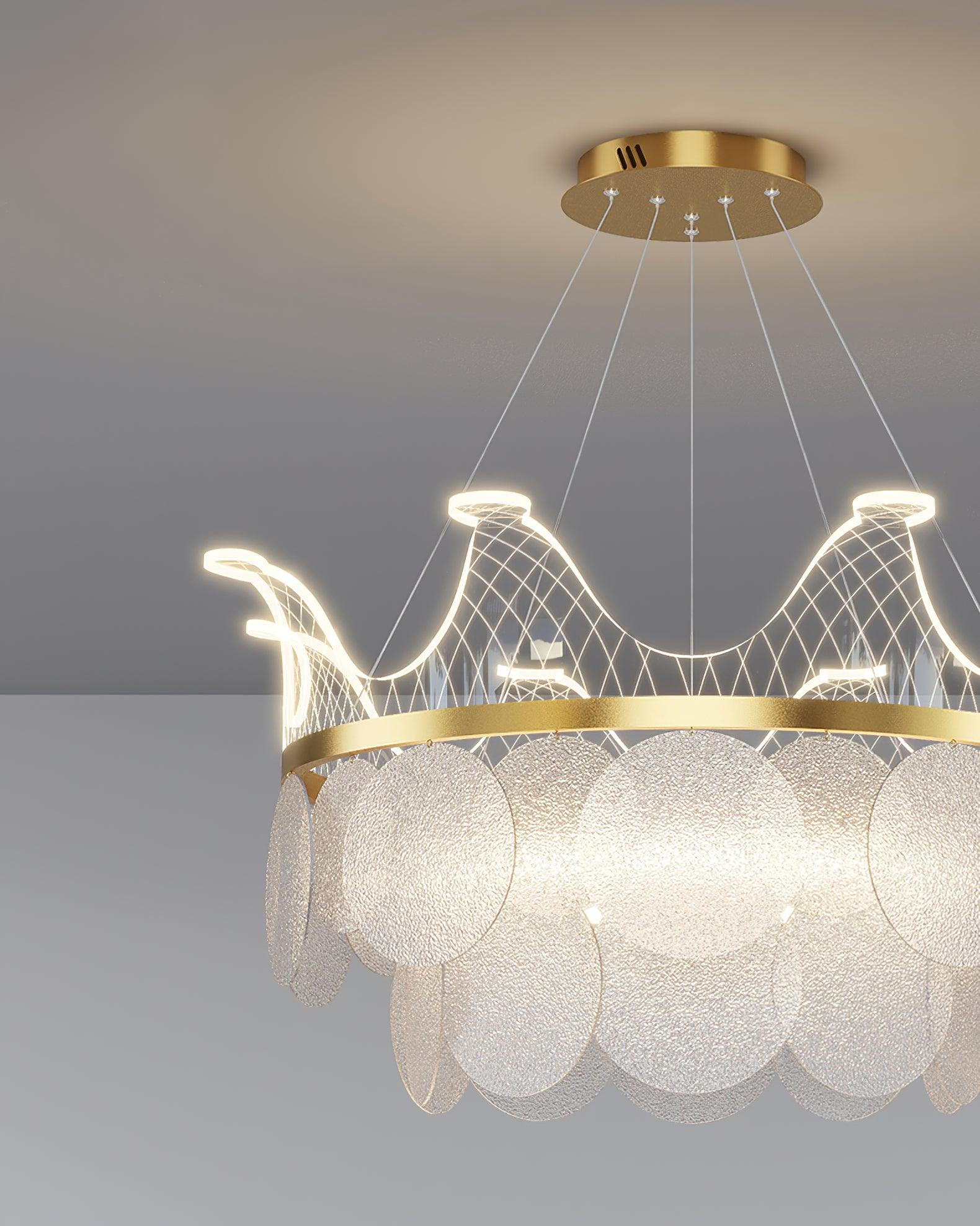 Modern Luxury Gold Crown Candelabrum Chandelier with Shell Glass and Integrated LED