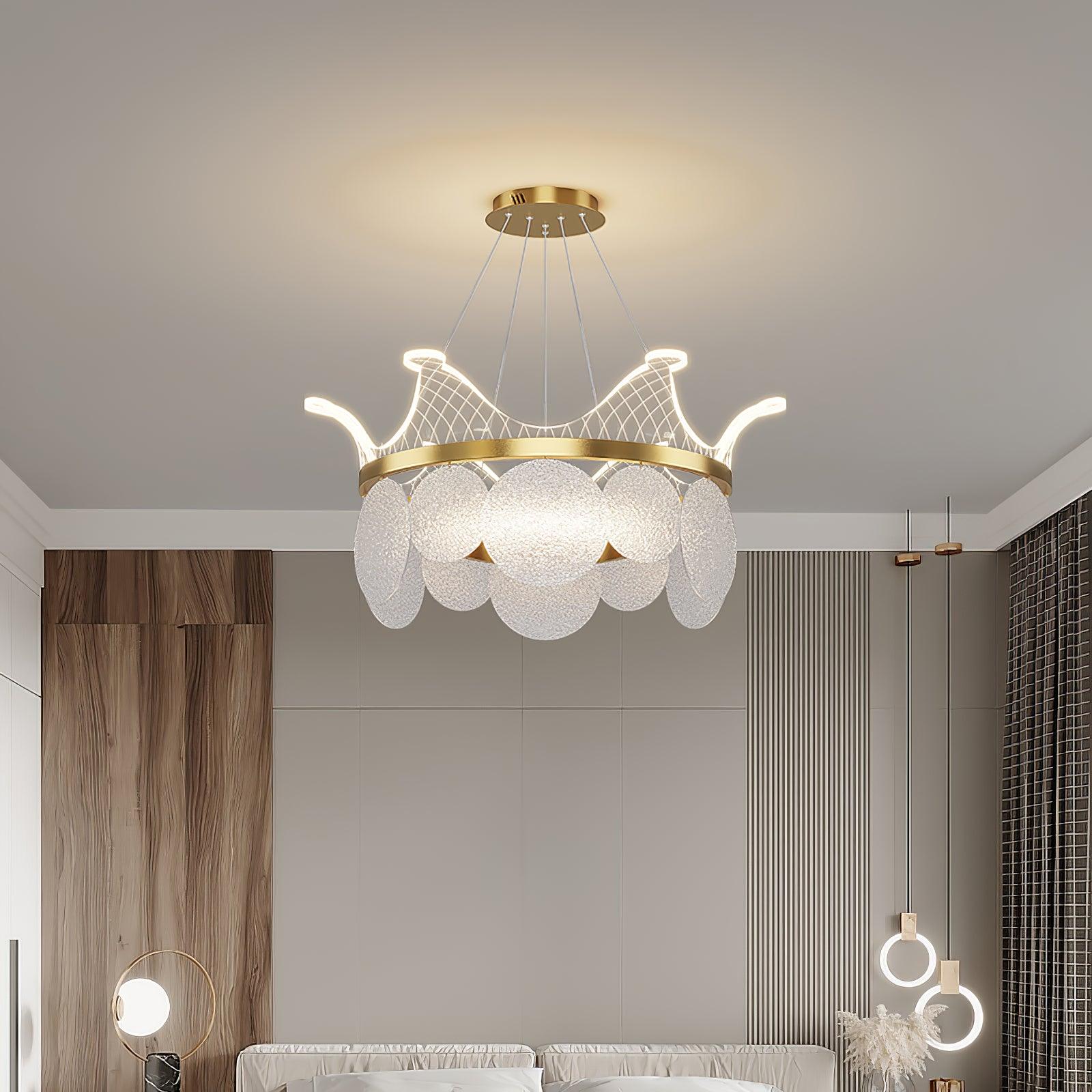 Modern Luxury Gold Crown Candelabrum Chandelier with Shell Glass and Integrated LED