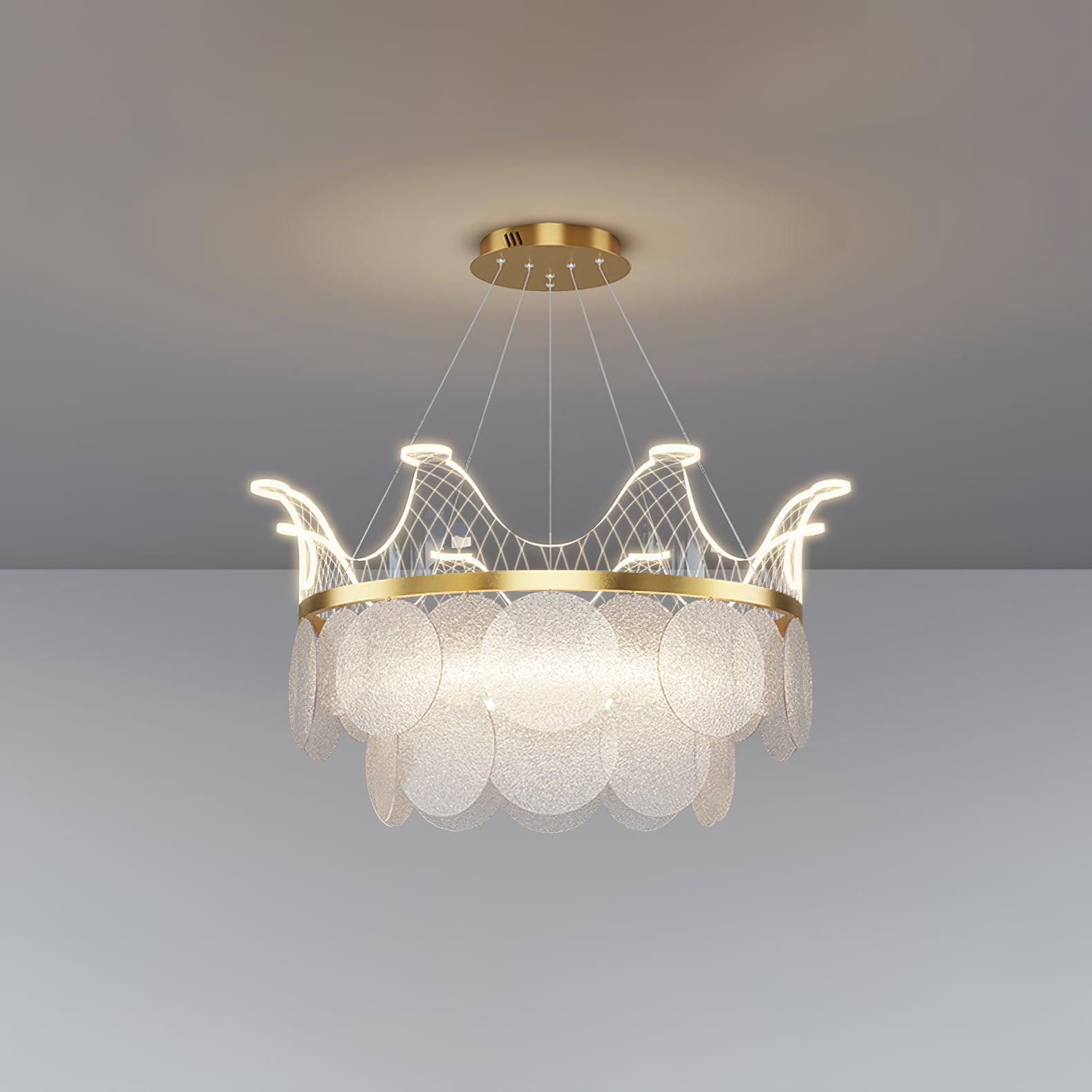 Modern Luxury Gold Crown Candelabrum Chandelier with Shell Glass and Integrated LED