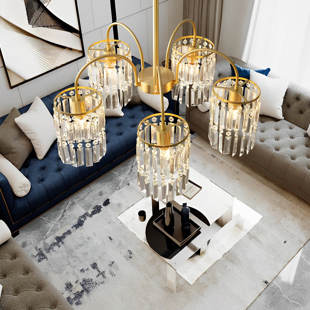 Modern Luxury Gold Crystal Chandelier with Curved Arms and K9 Glass Shades for Dining Room