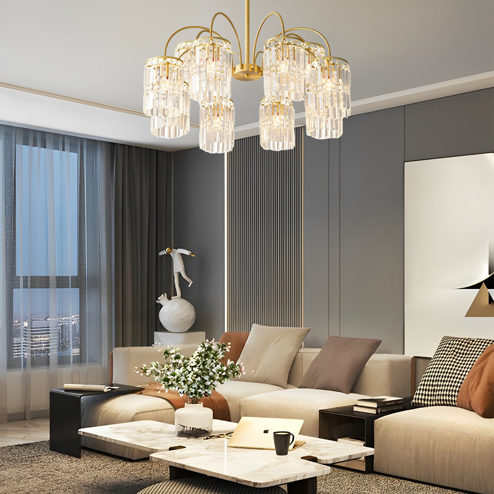 Modern Luxury Gold Crystal Chandelier with Curved Arms and K9 Glass Shades for Dining Room