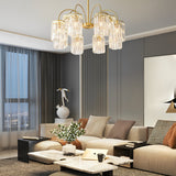 Modern Luxury Gold Crystal Chandelier with Curved Arms and K9 Glass Shades for Dining Room