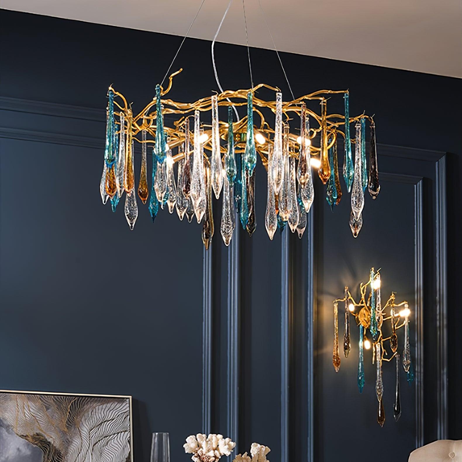 Modern Luxury Gold Round Teardrop Crown Glass Chandelier Pendant Ceiling Light