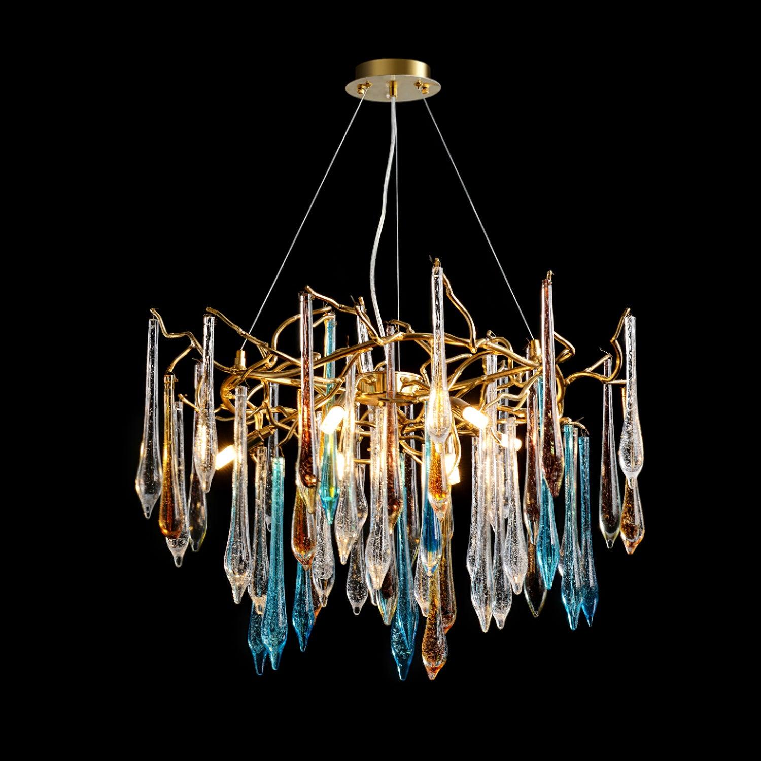 Modern Luxury Gold Round Teardrop Crown Glass Chandelier Pendant Ceiling Light