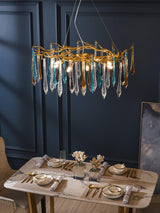 Modern Luxury Gold Round Teardrop Crown Glass Chandelier Pendant Ceiling Light