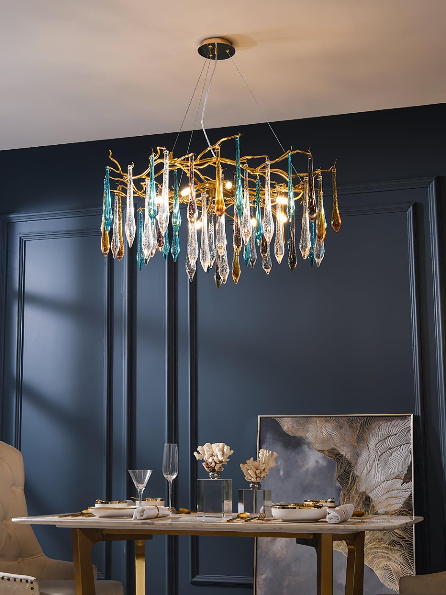 Modern Luxury Gold Round Teardrop Crown Glass Chandelier Pendant Ceiling Light