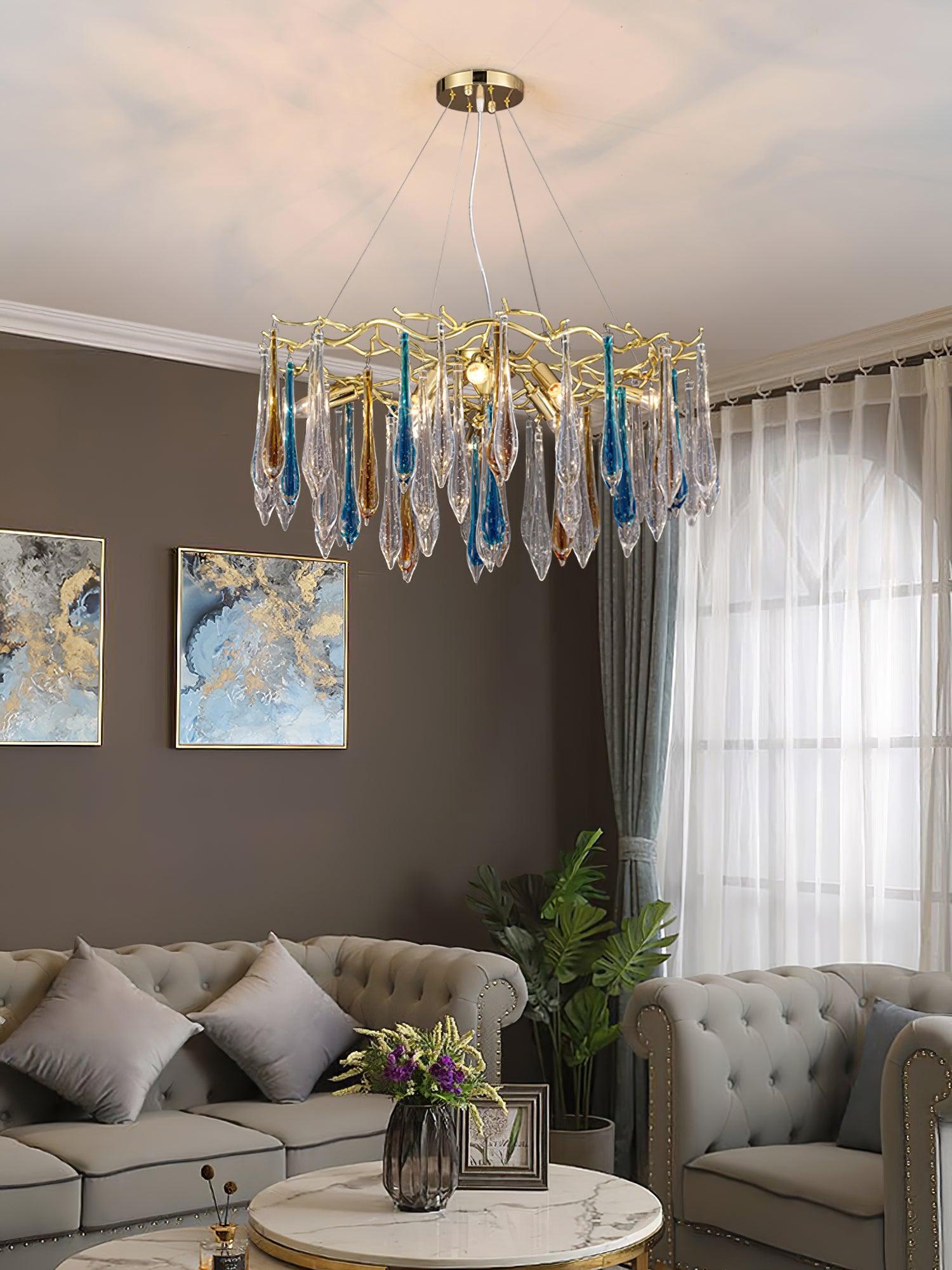 Modern Luxury Gold Round Teardrop Crown Glass Chandelier Pendant Ceiling Light
