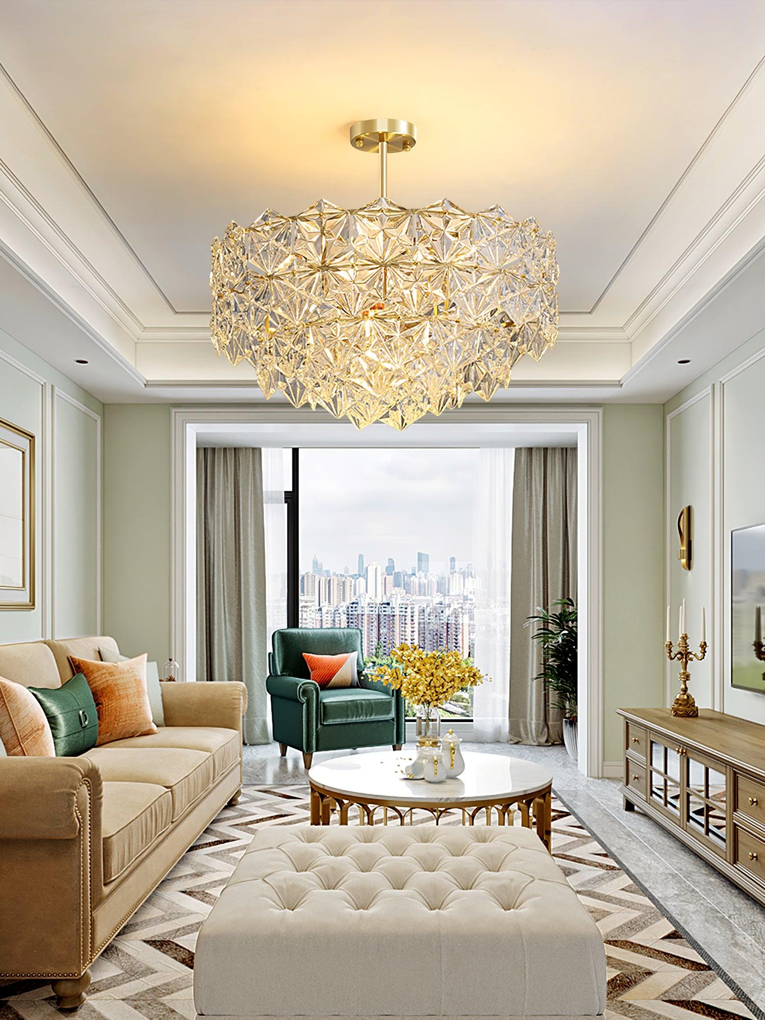 Modern Luxury Snowflake Glass Chandelier Gold Round Crystal Pendant Lighting