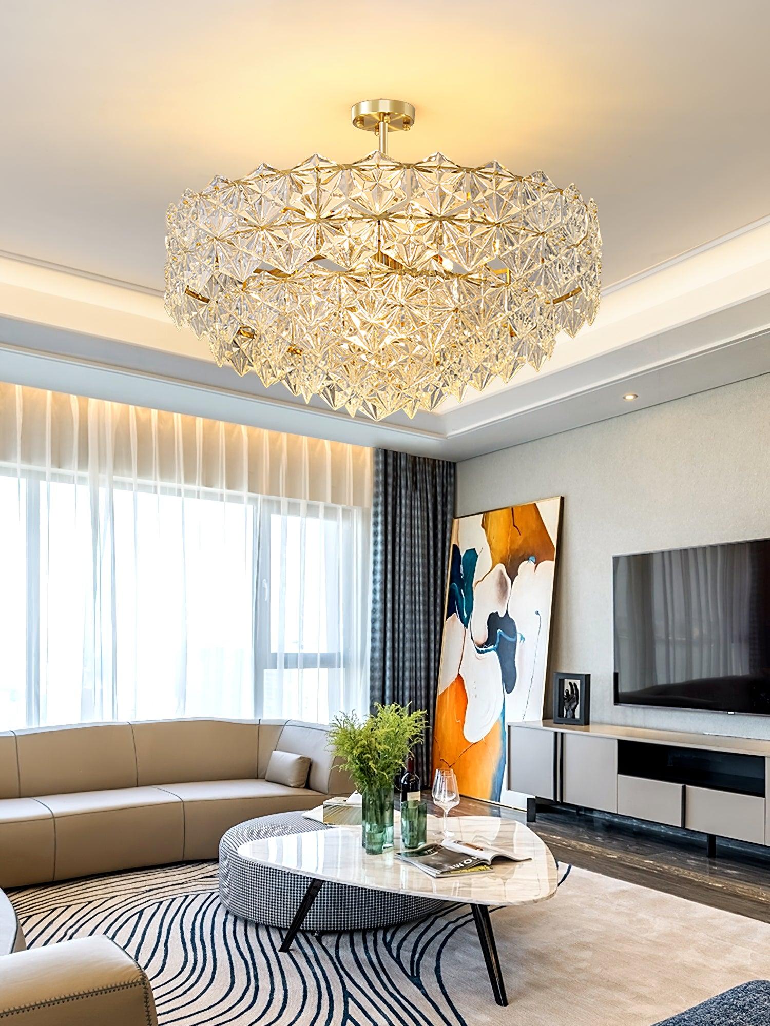 Modern Luxury Snowflake Glass Chandelier Gold Round Crystal Pendant Lighting